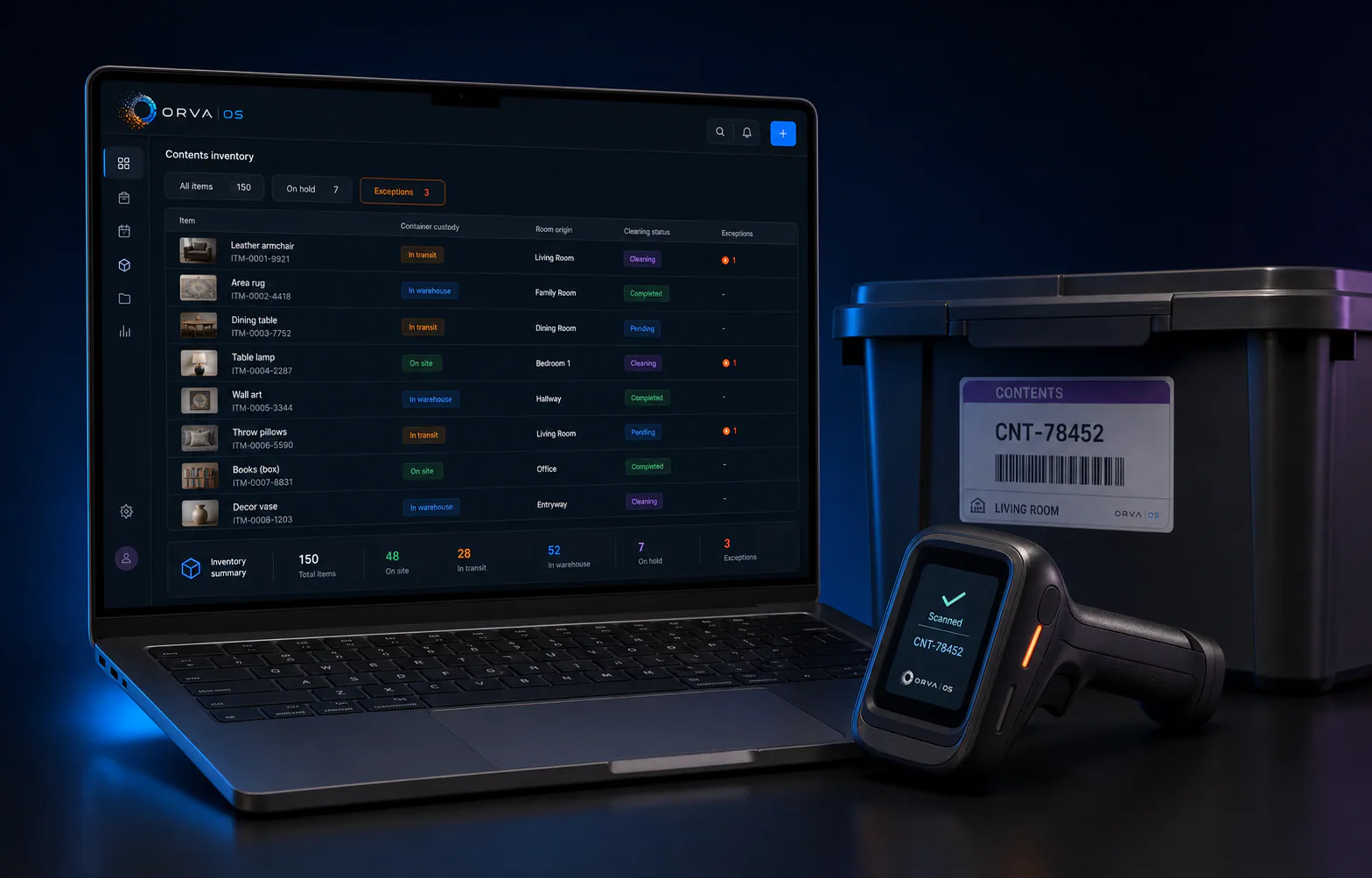 Cinematic Orva contents inventory and barcode custody workspace