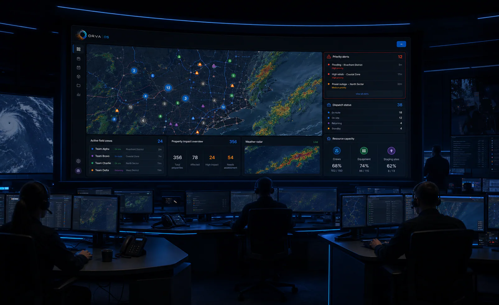 Cinematic Orva storm response command center coordinating crews and properties